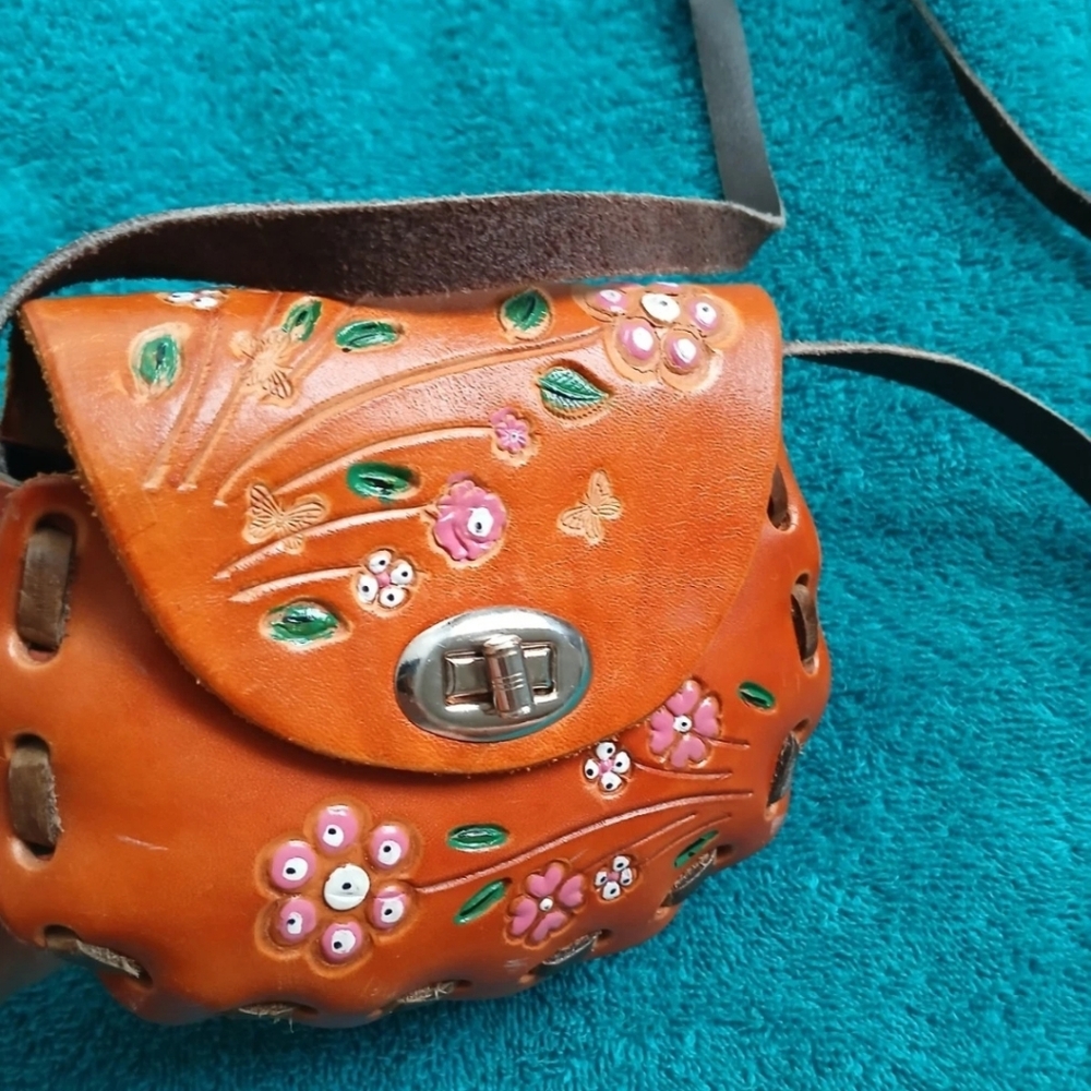 70s Leather Tooled Bag Floral Mini Crossbody Bag Baja Retro Cowgirl Boho - Picture 2 of 9